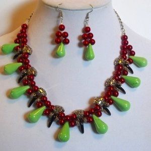 Lime Green Ceramic Stone Teardrop and Red Pearl Beaded Necklace and Earr…